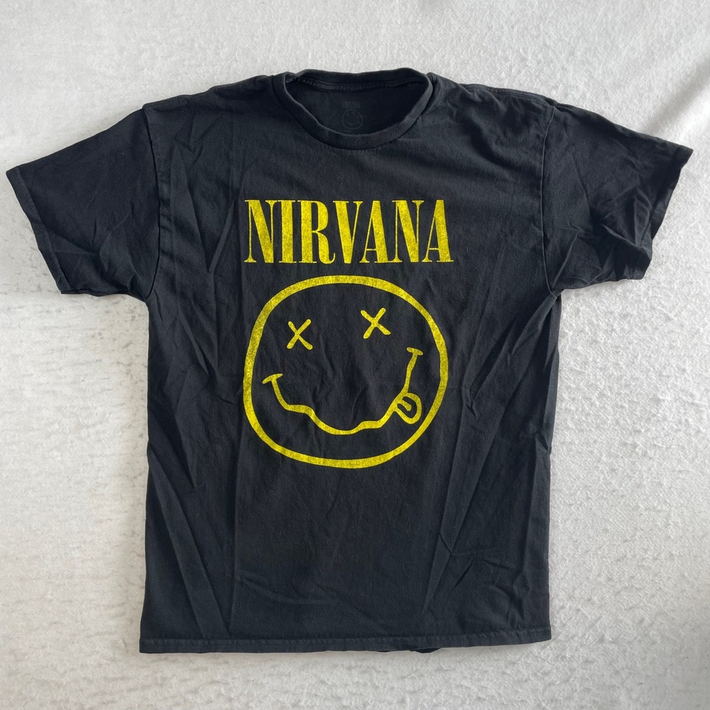 Nirvana T-Shirt Mens Large Black Smiley Face Graphic Band Tee Short Sleeve